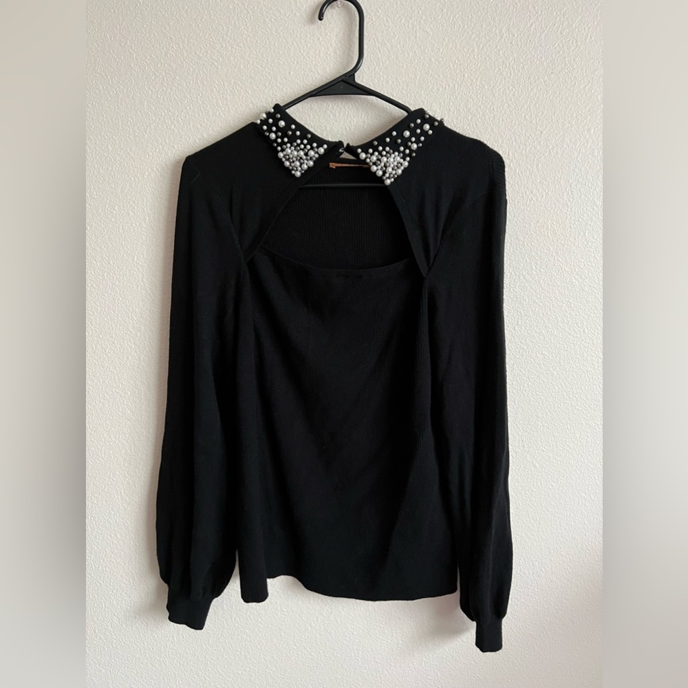 Belldini Black Cutout Sweater with Pearl Collar